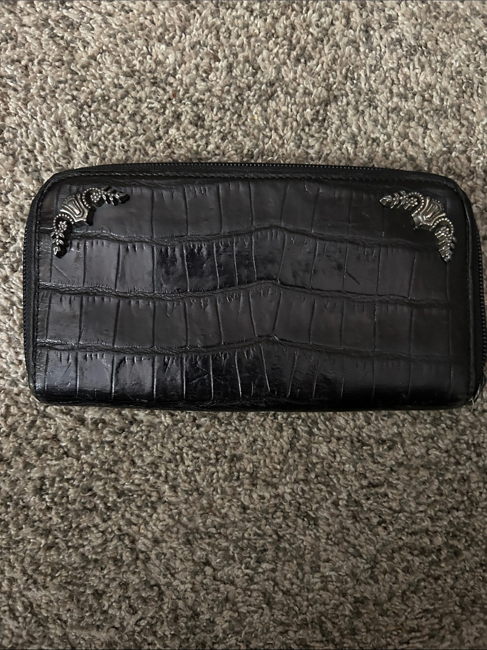 Brighton Black Croc-Embossed Zip Wallet with Silver Corner Accents